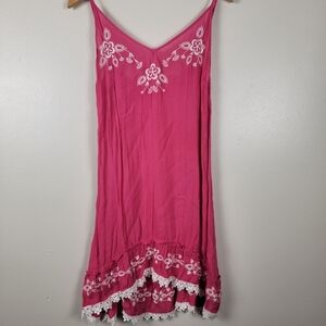 PJ Salvage Boho Hot Pink Embroidered Rayon Dress Ruffle Beach Cover Up M